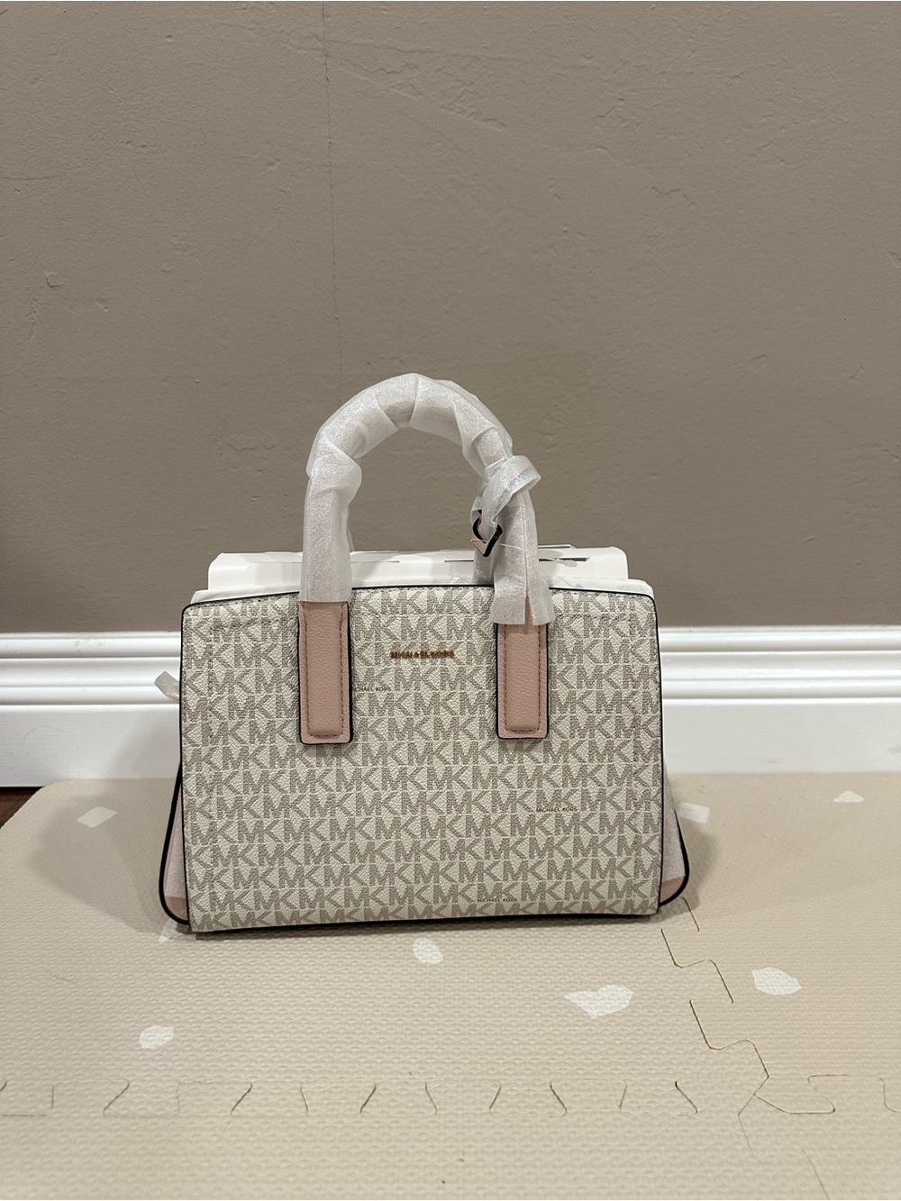 Michael Kors Cream and Pale Pink Logo Satchel